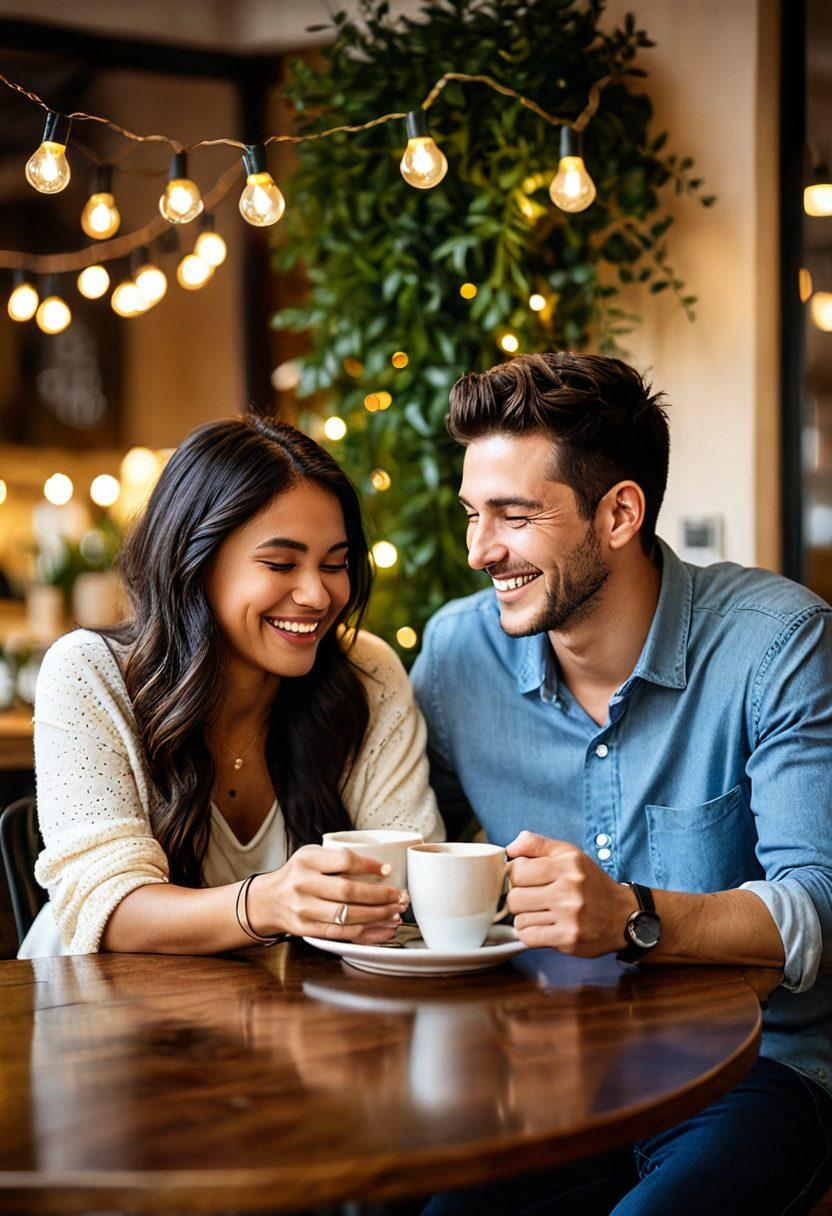 A warm, inviting scene depicting two friends, a man and a woman, sharing a laugh over coffee in a cozy cafe, with playful glances hinting at deeper feelings. The background features soft, blurred elements like fairy lights and greenery to suggest a romantic atmosphere. Include subtle symbols of friendship transforming into romance, such as intertwined hands or matching accessories. Capture the essence of evolving relationships with a light, cheerful mood. super-realistic. warm colors. soft focus.