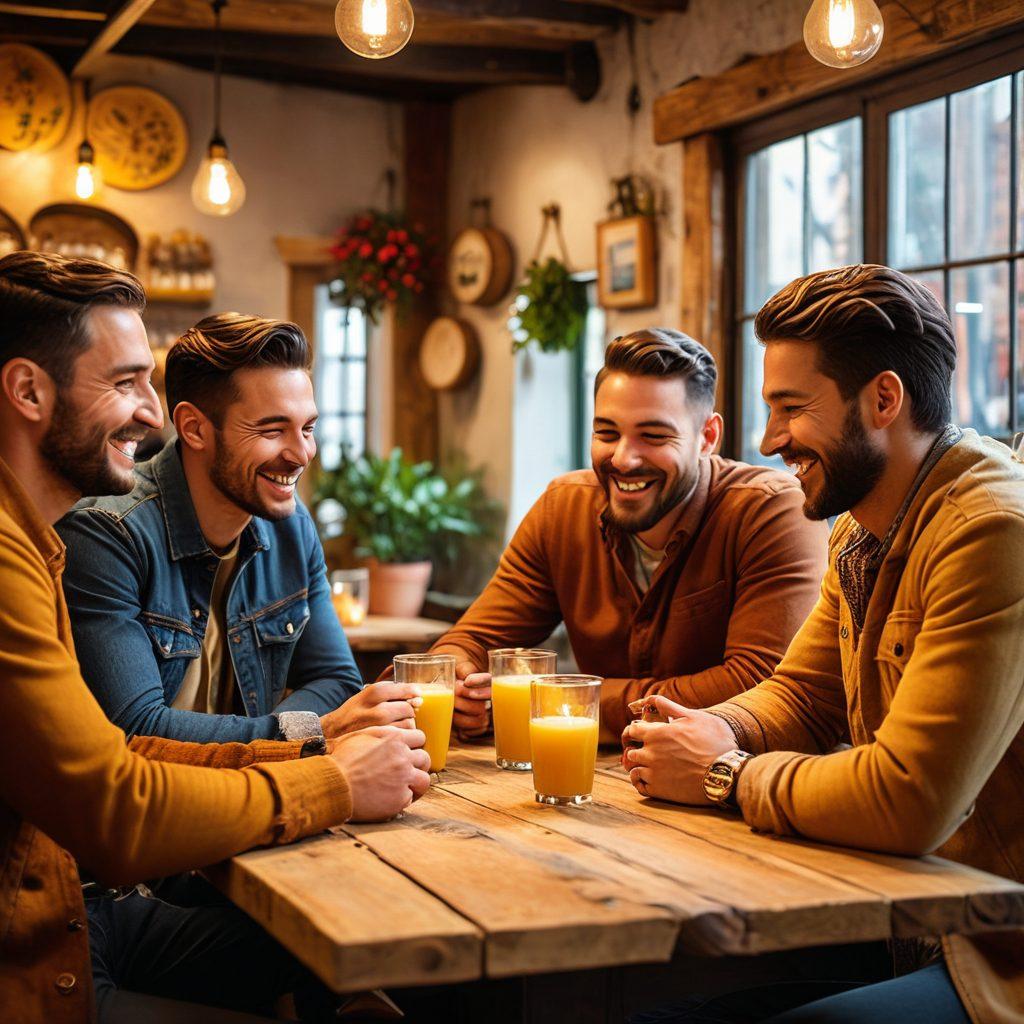 A warm gathering scene of diverse individuals, laughing and sharing stories in a cozy café setting. Include straight men of various backgrounds engaging in deep conversation, with uplifting vibes reflected in their expressions. Soft, golden lighting enhances the joyful atmosphere while colorful decorations add a playful touch. super-realistic. vibrant colors. soft focus.