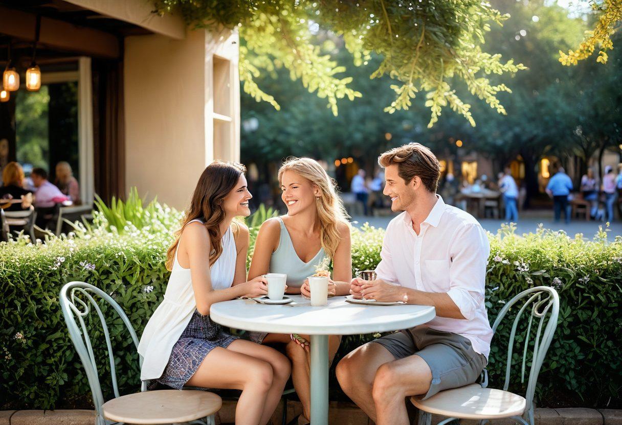 A serene scene depicting a couple sharing a moment of joy and laughter in a cozy outdoor café, surrounded by soft pastel colors and warm lighting. The focus is on their genuine smiles and expressions, symbolizing emotional bonding and intimacy. Incorporate subtle elements of nature, like blooming flowers and gentle sunlight filtering through trees, to enhance the feeling of contentment. romantic, soft focus, vibrant colors, warm tones.